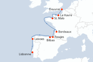 Carte itinéraire croisière - 10 jours au départ de Lisbonne - Europe du Nord