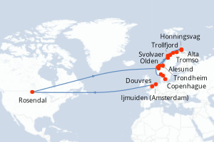 Carte itinéraire croisière - 18 jours au départ de Douvres - Europe du Nord