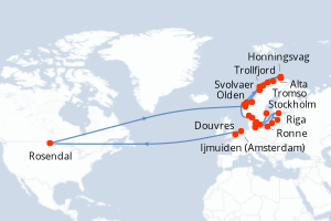Carte itinéraire croisière - 28 jours au départ de Douvres - Europe du Nord
