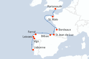 Carte itinéraire croisière - 11 jours au départ de Portsmouth - Atlantique