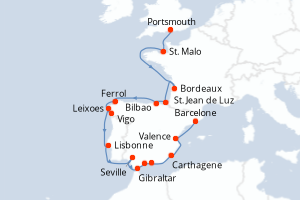 Carte itinéraire croisière - 20 jours au départ de Portsmouth - Méditerranée