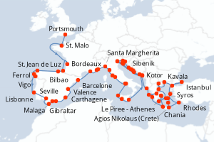 Carte itinéraire croisière - 70 jours au départ de Portsmouth - Tour du Monde