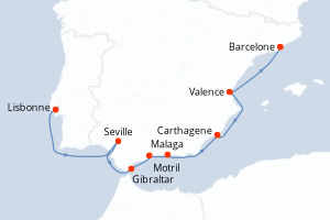 Carte itinéraire croisière - 9 jours au départ de Lisbonne - Méditerranée