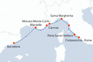 Carte itinéraire croisière - 8 jours au départ de Barcelone - Méditerranée
