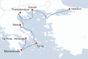 Carte itinéraire croisière - 7 jours au départ de Le Piree - Athenes - Méditerranée