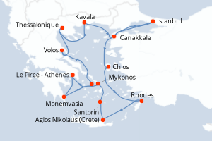 Carte itinéraire croisière - 14 jours au départ de Le Piree - Athenes - Méditerranée