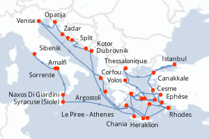 Carte itinéraire croisière - 38 jours au départ de Le Piree - Athenes - Méditerranée