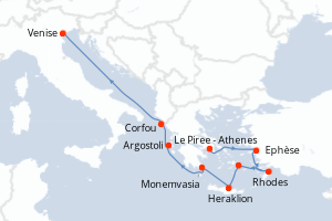 Carte itinéraire croisière - 9 jours au départ de Le Piree - Athenes - Méditerranée