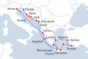 Carte itinéraire croisière - 18 jours au départ de Le Piree - Athenes - Méditerranée
