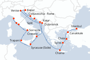 Carte itinéraire croisière - 21 jours au départ de Civitavecchia - Rome - Méditerranée