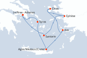 Carte itinéraire croisière - 7 jours au départ de Le Piree - Athenes - Méditerranée