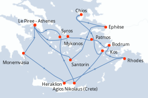 Carte itinéraire croisière - 14 jours au départ de Le Piree - Athenes - Méditerranée