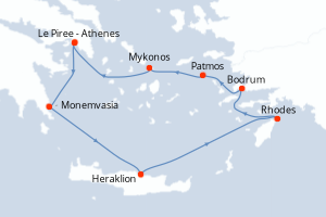 Carte itinéraire croisière - 7 jours au départ de Le Piree - Athenes - Méditerranée