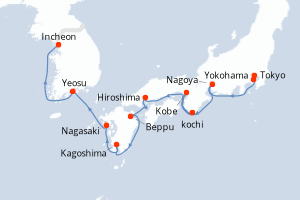 Carte itinéraire croisière - 12 jours au départ de Yokohama - Asie