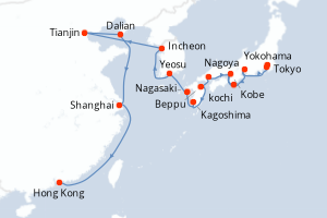 Carte itinéraire croisière - 24 jours au départ de Yokohama - Asie