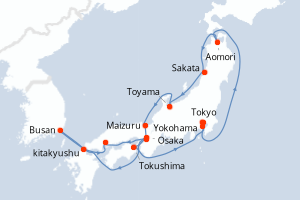 Carte itinéraire croisière - 14 jours au départ de Tokyo - Asie