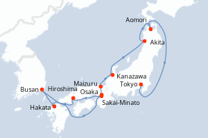 Carte itinéraire croisière - 12 jours au départ de Osaka - Asie