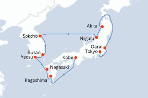 Carte itinéraire croisière - 14 jours au départ de Kobe - Asie