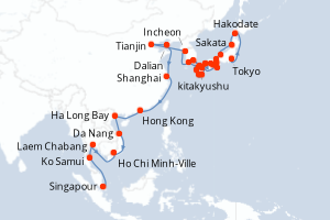 Carte itinéraire croisière - 50 jours au départ de Tokyo - Asie