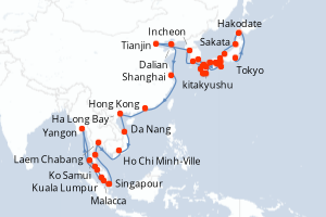 Carte itinéraire croisière - 62 jours au départ de Tokyo - Asie