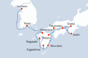 Carte itinéraire croisière - 12 jours au départ de Osaka - Asie