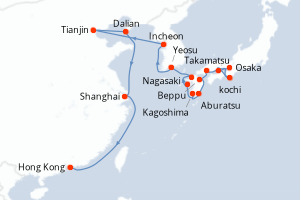 Carte itinéraire croisière - 24 jours au départ de Osaka - Asie