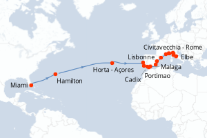 Carte itinéraire croisière - 27 jours au départ de Miami - Transatlantique