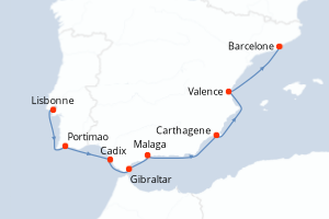 Carte itinéraire croisière - 7 jours au départ de Lisbonne - Méditerranée