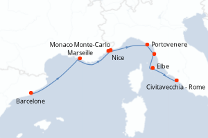 Carte itinéraire croisière - 8 jours au départ de Barcelone - Méditerranée