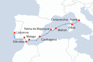 Carte itinéraire croisière - 10 jours au départ de Civitavecchia - Rome - Atlantique