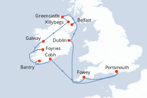 Carte itinéraire croisière - 12 jours au départ de Portsmouth - Atlantique