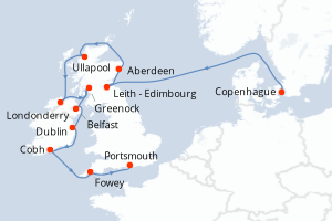 Carte itinéraire croisière - 12 jours au départ de Copenhague - Atlantique