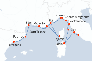 Carte itinéraire croisière - 16 jours au départ de Tarragone - Méditerranée