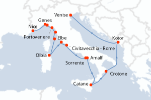 Carte itinéraire croisière - 17 jours au départ de Nice - Méditerranée