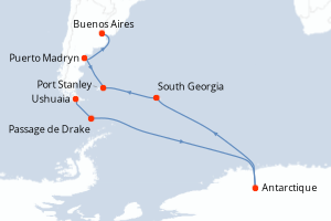 Carte itinéraire croisière - 18 jours au départ de Ushuaia - Amérique du Sud