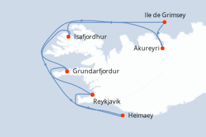 Carte itinéraire croisière - 7 jours au départ de Reykjavik - Europe du Nord
