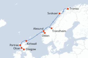 Carte itinéraire croisière - 10 jours au départ de Tromso - Europe du Nord
