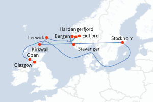 Carte itinéraire croisière - 7 jours au départ de Glasgow - Europe du Nord