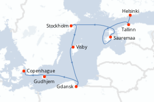 Carte itinéraire croisière - 8 jours au départ de Helsinki - Europe du Nord
