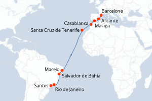 Carte itinéraire croisière - 16 jours au départ de Santos - Transatlantique