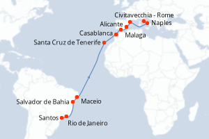 Carte itinéraire croisière - 19 jours au départ de Santos - Transatlantique