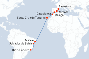 Carte itinéraire croisière - 15 jours au départ de Rio de Janeiro - Transatlantique