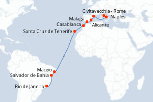 Carte itinéraire croisière - 18 jours au départ de Rio de Janeiro - Transatlantique