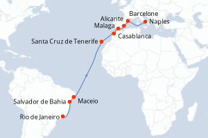 Carte itinéraire croisière - 17 jours au départ de Rio de Janeiro - Transatlantique