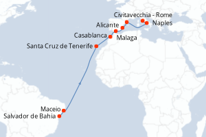 Carte itinéraire croisière - 16 jours au départ de Salvador de Bahia - Transatlantique