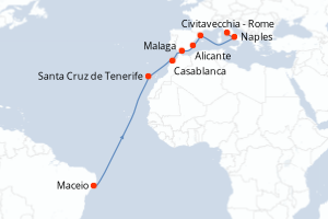 Carte itinéraire croisière  - 15 jours au départ de Maceio - Transatlantique