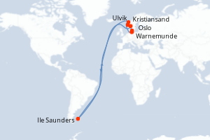 Carte itinéraire croisière - 7 jours au départ de Warnemunde - Europe du Nord