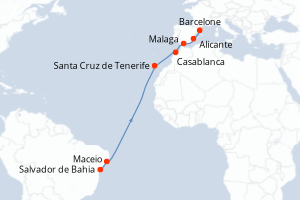 Carte itinéraire croisière - 13 jours au départ de Salvador de Bahia - Transatlantique