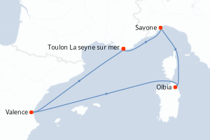 Carte itinéraire croisière - 5 jours au départ de Toulon La seyne sur mer - Méditerranée