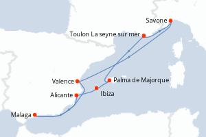 Carte itinéraire croisière - 9 jours au départ de Toulon La seyne sur mer - Méditerranée
